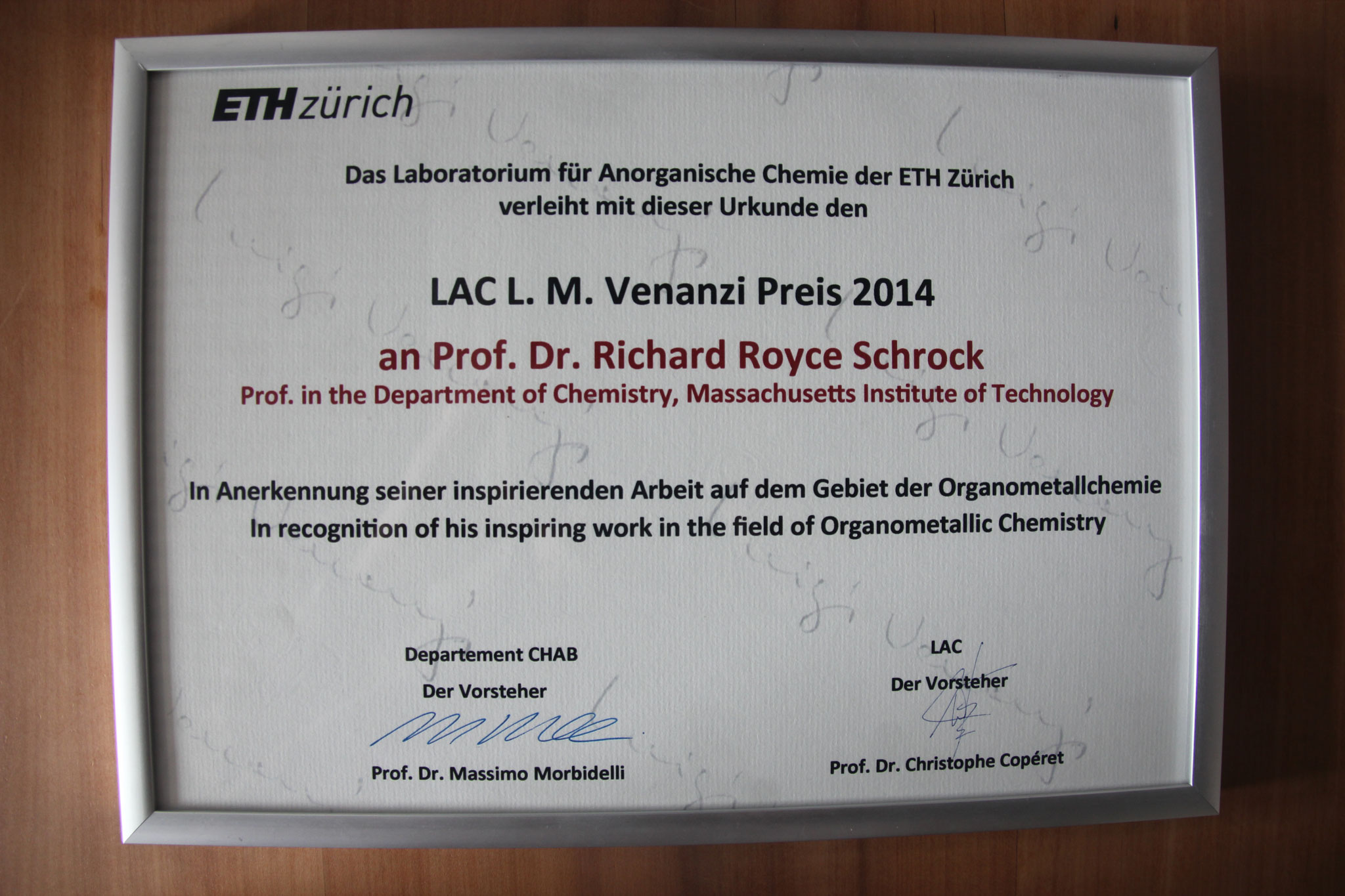 Enlarged view: Award Diploma L. M. Venanzi Distinguished Lecture 2014