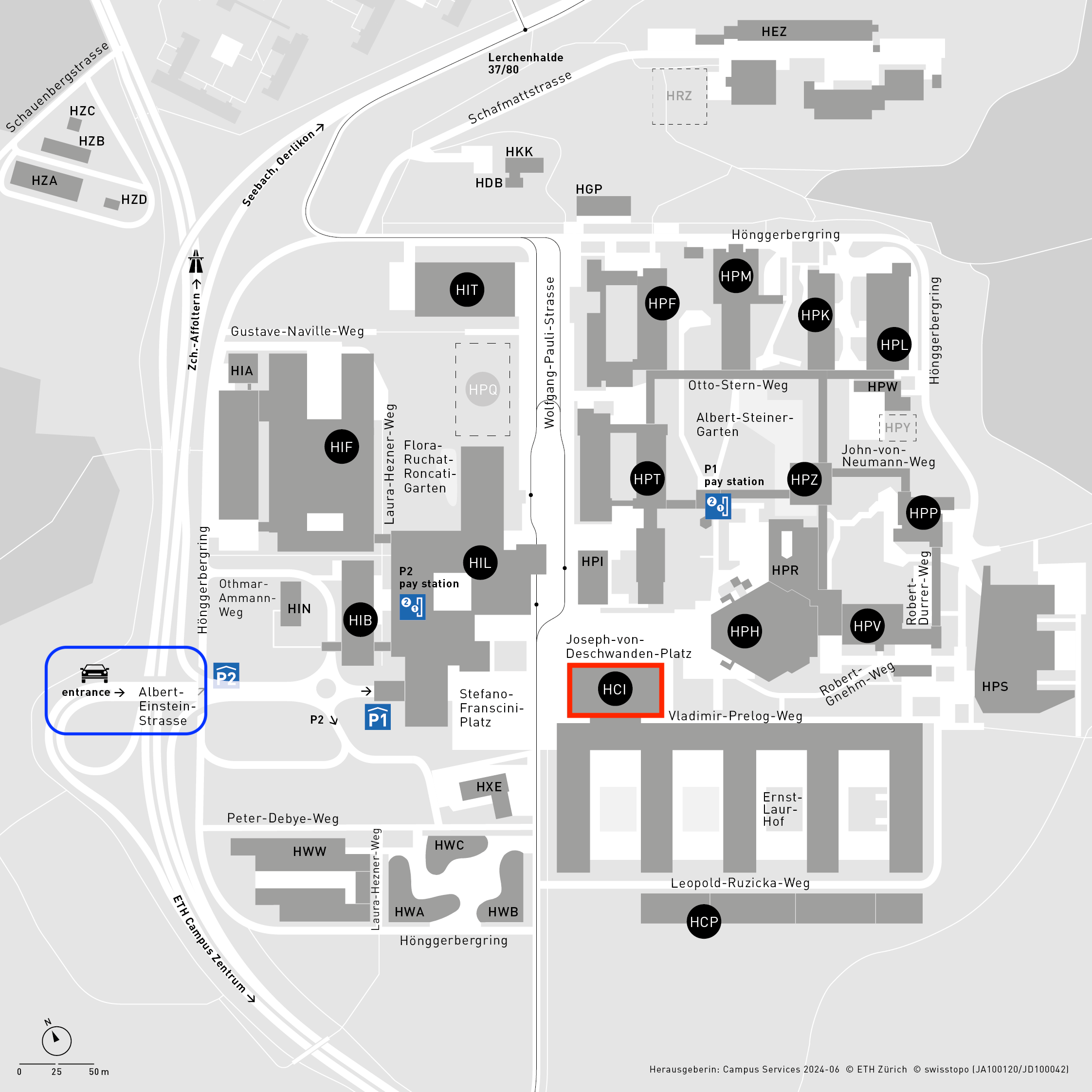 area plan of campus ETH Hönggerberg, HCI building marked in red, entrance of parking garage marked in blue