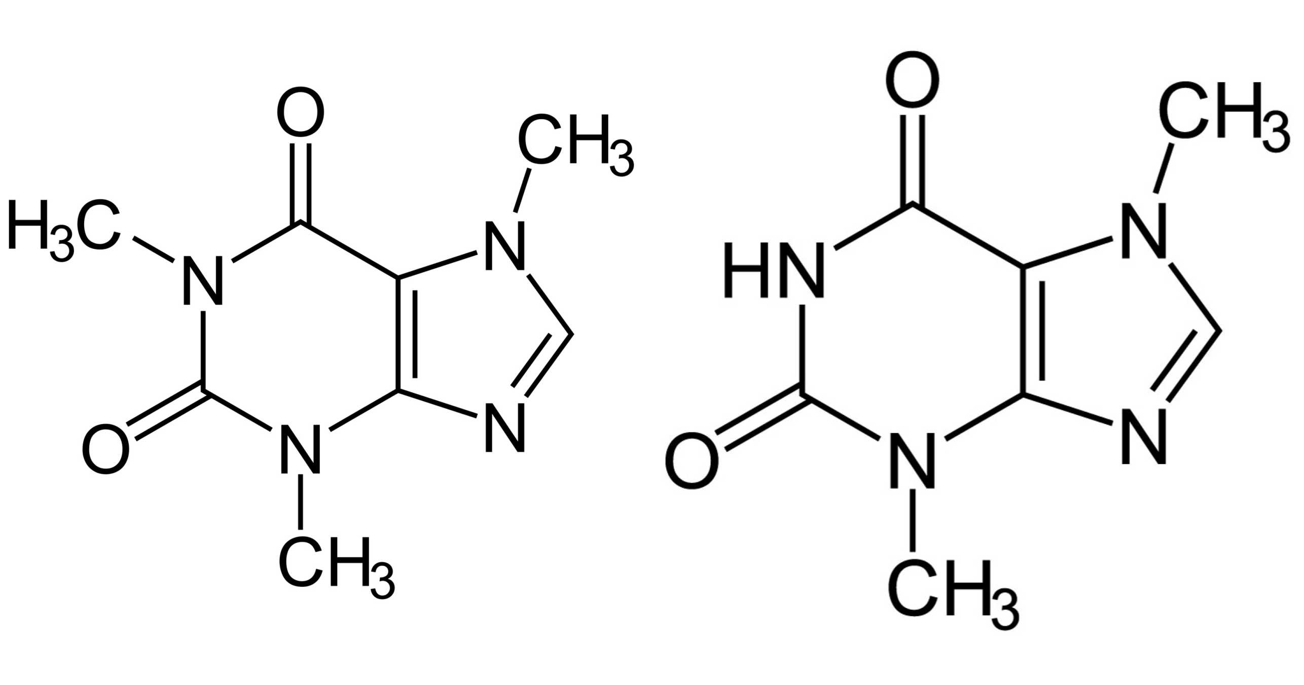Strukturformeln von Koffein (links) und Theobromin (rechts) 